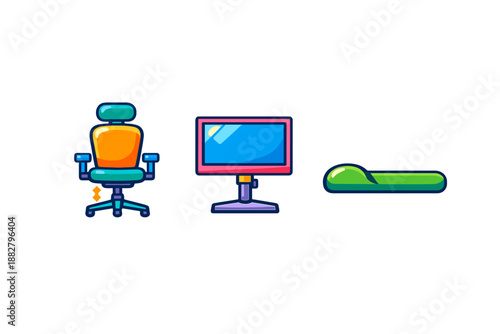 Gaming setup elements: chair, monitor, and slippers