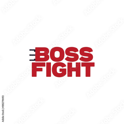 Bold Red "BOSS FIGHT" Text Logo with Blue Stripes on Black Background, Video Game Design Element
