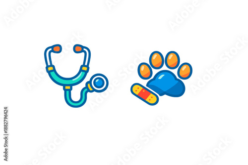 Veterinary Icons: Stethoscope and Paw Print with Bandage