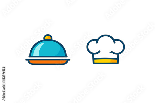 Chef hat and food cloche icons with glowing effect