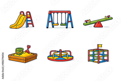 Set of six cartoon playground equipment icons