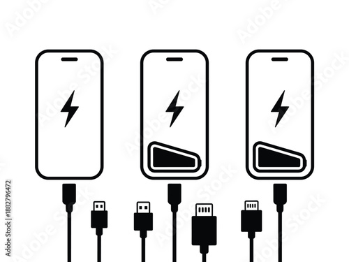 Smartphone Battery Charging Status Indicator Icons Mobile Phone Power Levels Full Medium Low Connection Cord Minimalist Design Concept Digital Device Energy Consumption Technology Illustration for Pre