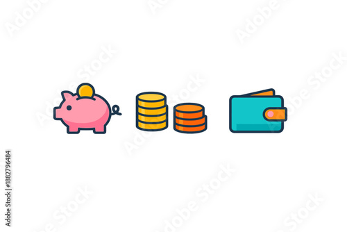 Financial icons: piggy bank, coins, and wallet