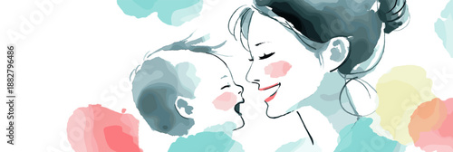 Watercolor illustration depicting a mother embracing her happy child with warmth and care. Mother and child smiling showing love and connection
