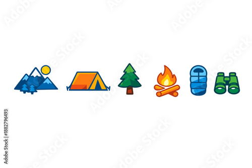 Camping Icons Set with Mountains, Tent, Tree, Campfire, Sleeping Bag, and Binoculars