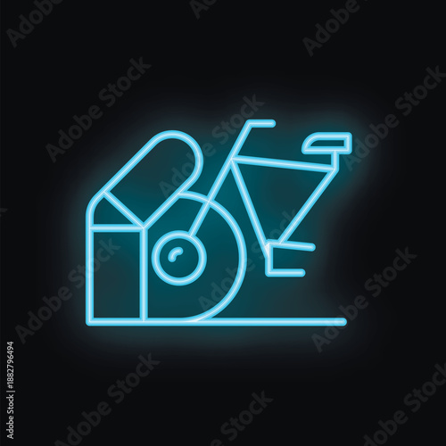 Blue neon sign depicting a bicycle under a roof on black background