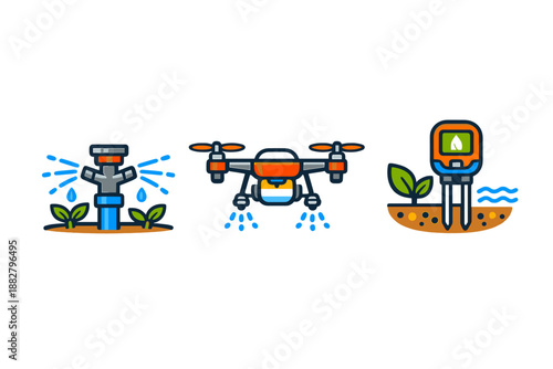 Smart Farming Icons: Sprinkler, Drone, and Soil Meter