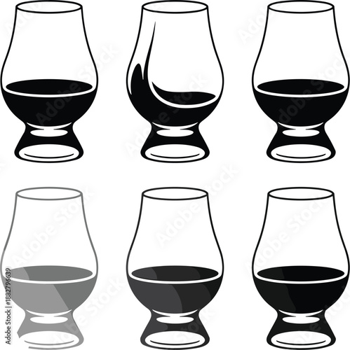Elegant whisky glass vector illustration on clean white background showing liquor tasting in a traditional nosing glassware for distillery branding and advertising in food and beverage industry promot