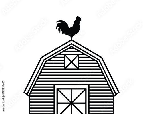 Black and white barn with roosting rooster vector illustration silhouette of rural farm building with weathercock on roof for agricultural business branding country living graphic design and homestead