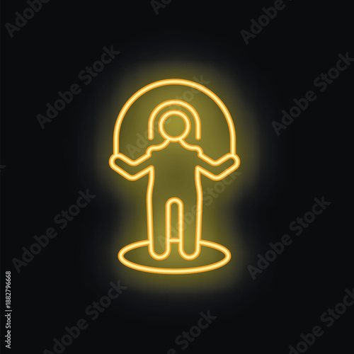 Golden neon icon of a person skipping rope, isolated on a black background