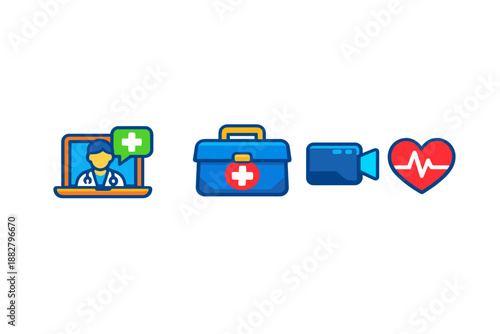 Healthcare icons: Telemedicine, first aid, video call, and heart rate