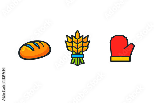 Baking icons: bread, wheat, and oven mitt