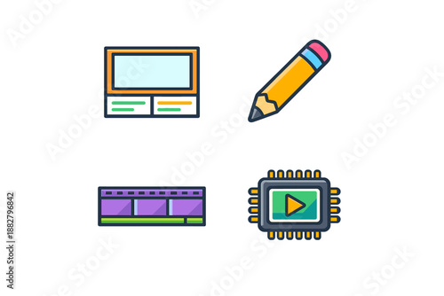 Four flat design icons for technology and content creation