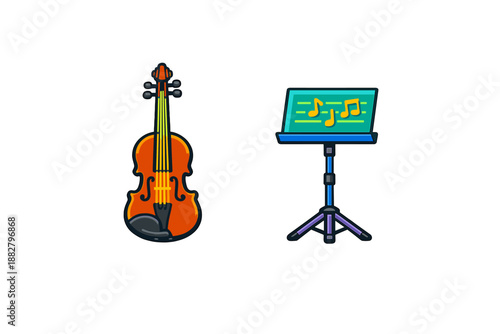 Violin and Music Stand with Notes