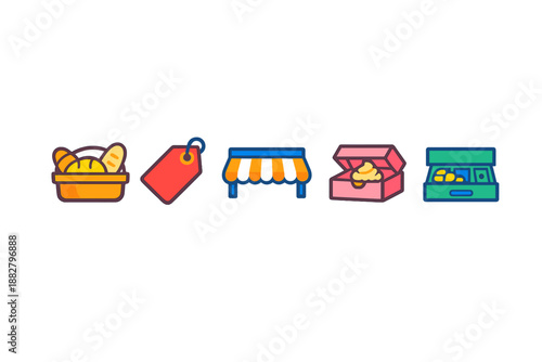 Set of store and food icons with neon glow effect