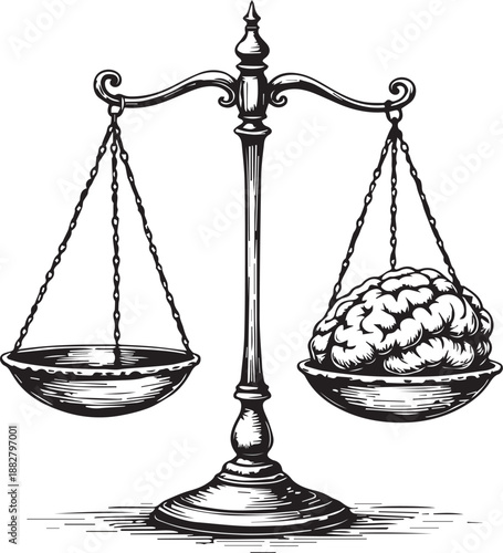 An intricately drawn scale with a brain on one side, symbolizing the weight of intellect and decision-making. The artwork evokes contemplation and the delicate balance between reason and intuition.