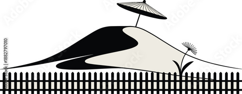 Minimalist landscape illustration with black sand dune parasol flower and fence serene nature scene countryside view simple graphic design for travel tourism environmental conservation concept peacefu