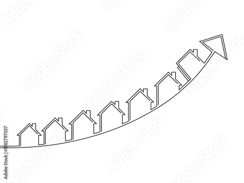 Line art houses in upward trending arrow graph depicting real estate market growth and investment returns for financial planning and wealth management presentations property valuation and home sales i