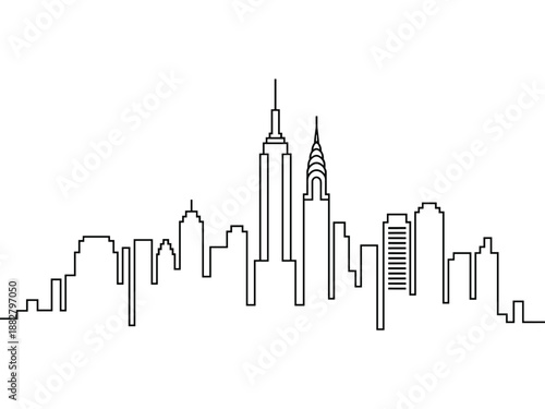 Iconic New York City skyline outline silhouette line art illustration featuring famous skyscrapers in modern minimalist style representing urban architecture travel destination for tourism marketing m