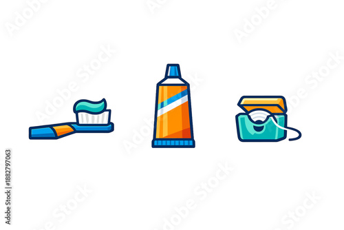 Toothbrush with toothpaste, toothpaste tube, and dental floss icons