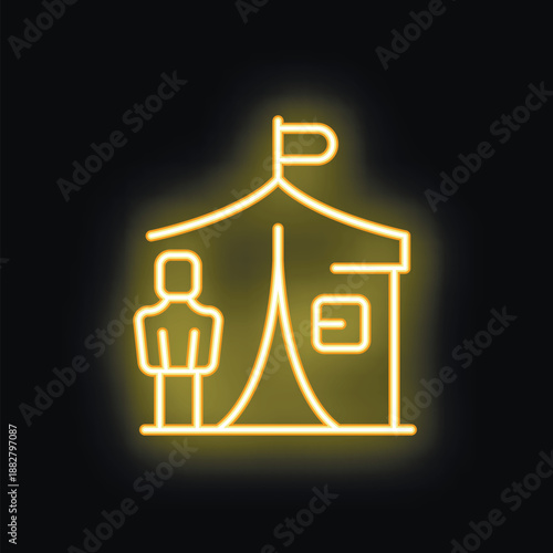 Glowing neon line icon of a soldier standing at attention in front of a military tent with a flag