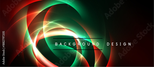 Abstract design features vibrant curves, glowing lines. Dark background enhances color contrast, creating dynamic visual effect.