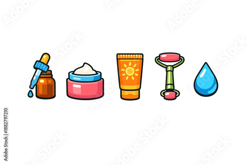 Skincare products and tools isolated on grey background