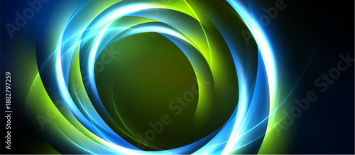 Abstract swirls, vibrant blue, green hues create dynamic circular pattern. Dark background emphasizes glowing energy, modern design.