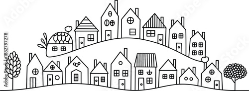 Cute cartoon houses on hillside landscape vector illustration in minimalist style simple line art residential neighborhood drawing for real estate advertising community development concept urban plann