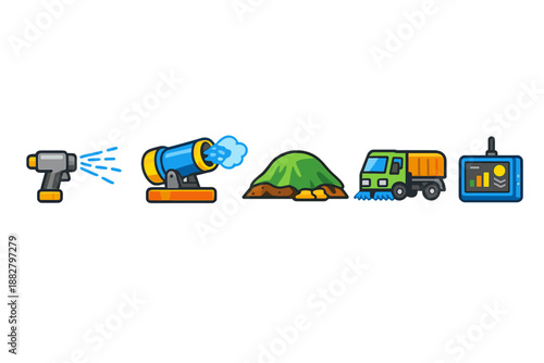 Set of cartoon icons representing different machines and tools on a gray background