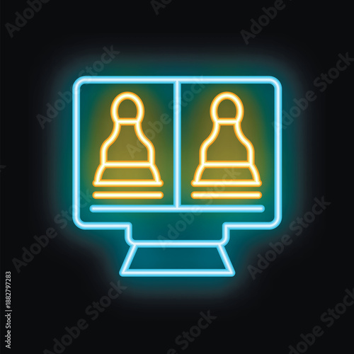 Blue and yellow neon icon of computer screen showing online chess game interface on black background