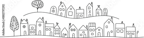 Minimalist cartoon houses in simple style line art illustration of quirky village or town on small hills with trees background for children book illustrations graphic design projects and cute neighbor
