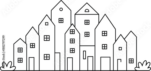 Minimalist outline townscape illustration with various house styles representing community neighborhood real estate development urban planning residential architecture simple design for website graphi