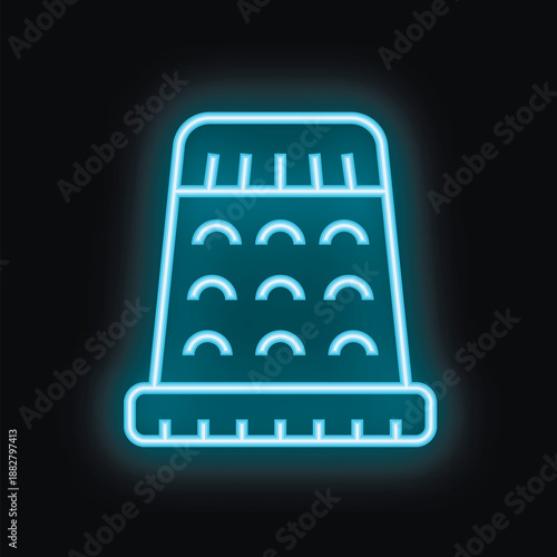 Blue neon icon of a thimble glowing on a dark background, perfect for crafts and sewing projects