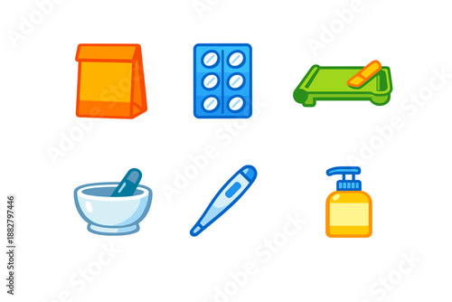 Set of six medical icons glowing on a dark background