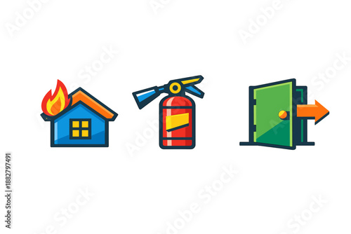 Fire safety icons: house on fire, fire extinguisher, and exit