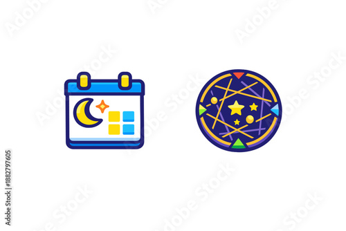 Stylized calendar and celestial amulet icons