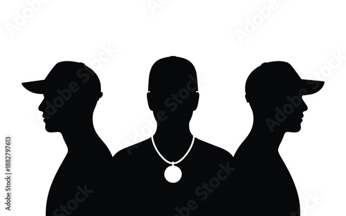 Silhouetted man wearing cap and pendant in stark black and white contrast representing leadership influence guidance with anonymous figures for coaching mentoring education training programs in busine