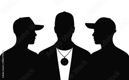 Three silhouetted figures standing together in black and white leadership group with central figure wearing a medallion for teamwork unity support collaboration community connection for diverse team b
