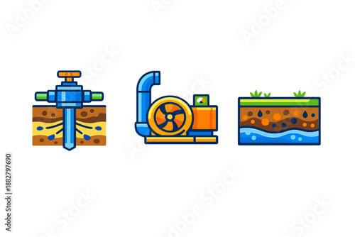 Set of three icons depicting water extraction and groundwater