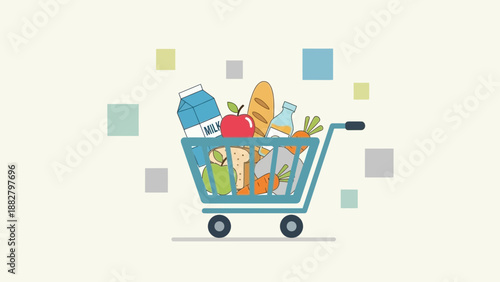 A Shopping Cart Filled With Fresh Groceries Surrounded by Colorful Geometric Shapes