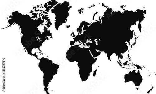 Detailed black and white world map illustration displaying continents and land masses for geographic representation in global business presentations international marketing materials educational resou
