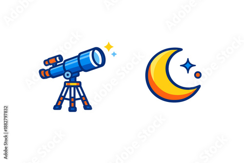 Telescope and Crescent Moon with Stars Icon