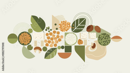 Abstract Composition of Healthy Vegan Food Elements in Modern Geometric Style