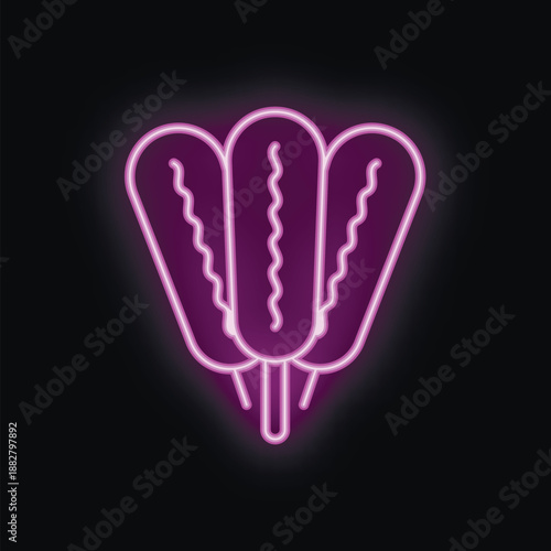 Purple neon sign showing three corn dogs glowing on black background