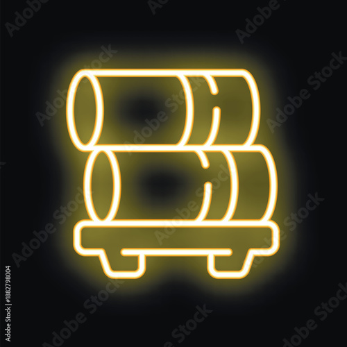 Yellow neon icon of tree trunks on a pallet glowing on a dark background, representing forestry and woodworking industries