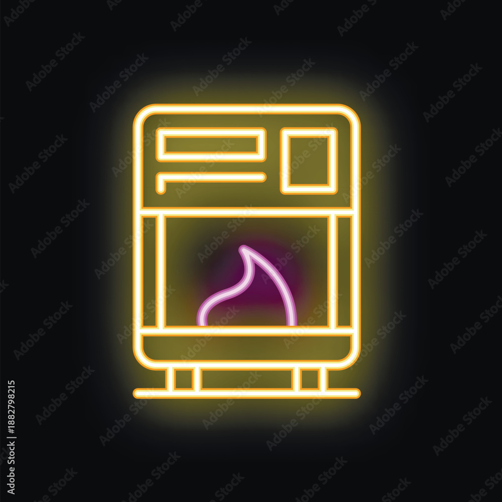 Fototapeta premium Neon fireplace icon glowing on dark background, concept of warmth and home comfort