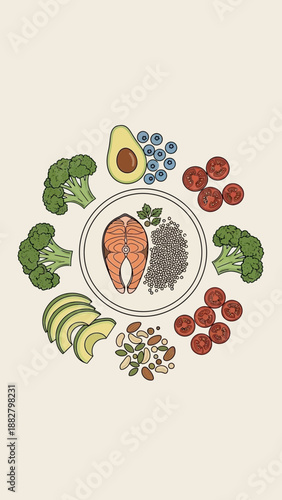 A Vibrant Culinary Array: Healthy Diet Essentials Featuring Salmon and Diverse Fresh Produce