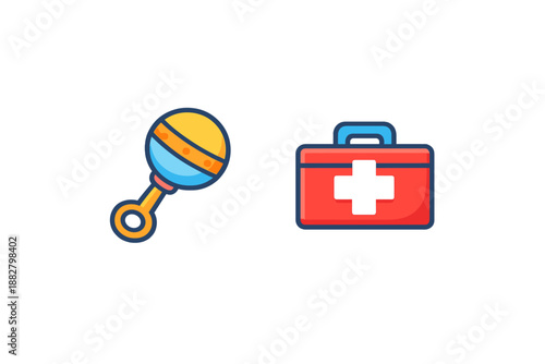 Baby rattle and first aid kit icons