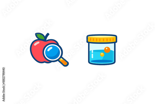 Apple with magnifying glass and specimen jar with spheres